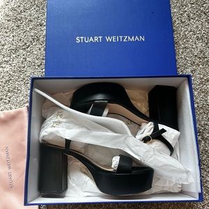 Stuart Weitzman Dancer Mid-Height Block Platform Sandal in Black Leather Sz 9.5